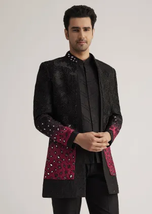 Black And Red Silk Jacket Set With Mirror And Thread Detailing