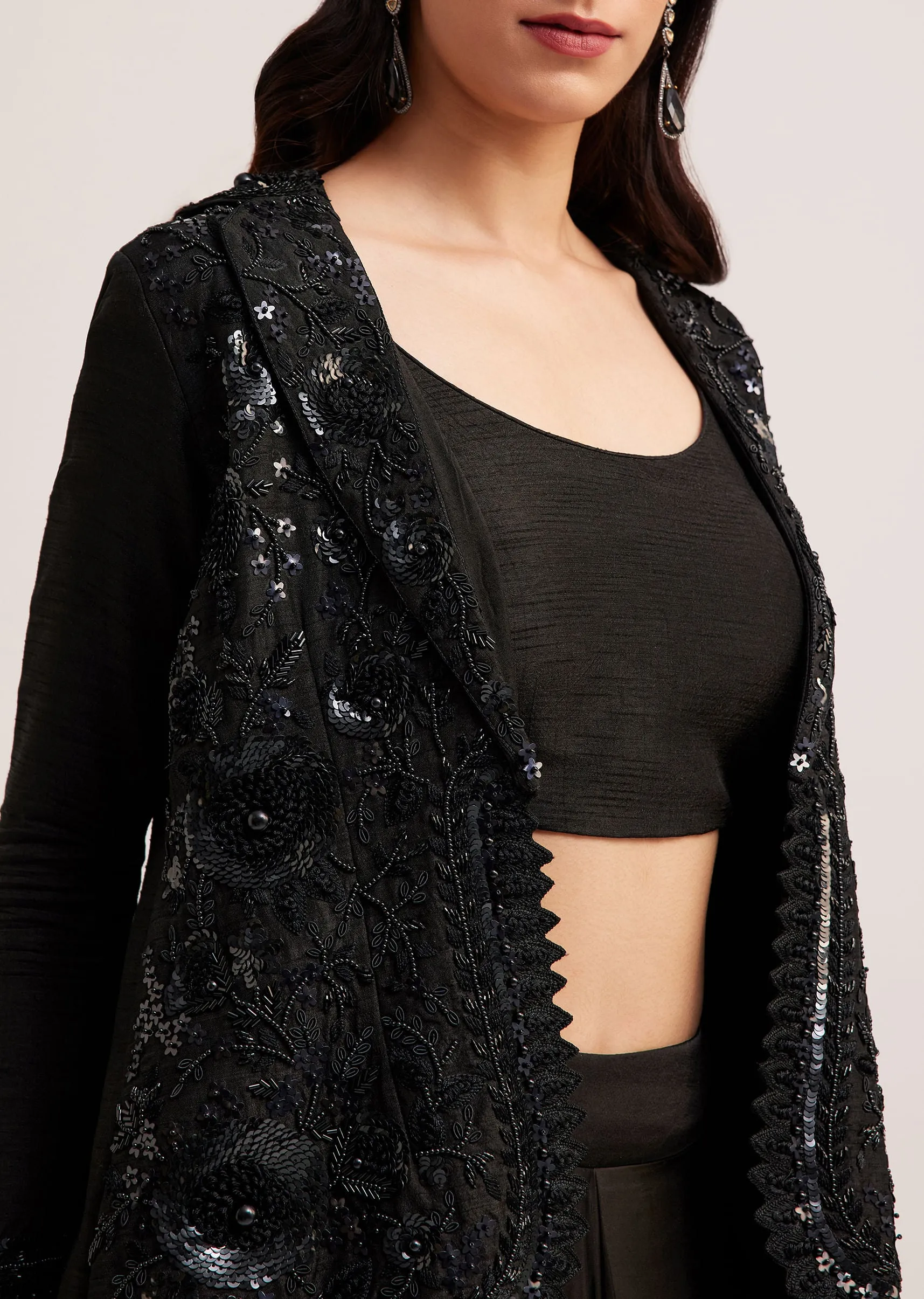 Black Crop Top Skirt And Embellished Jacket Set