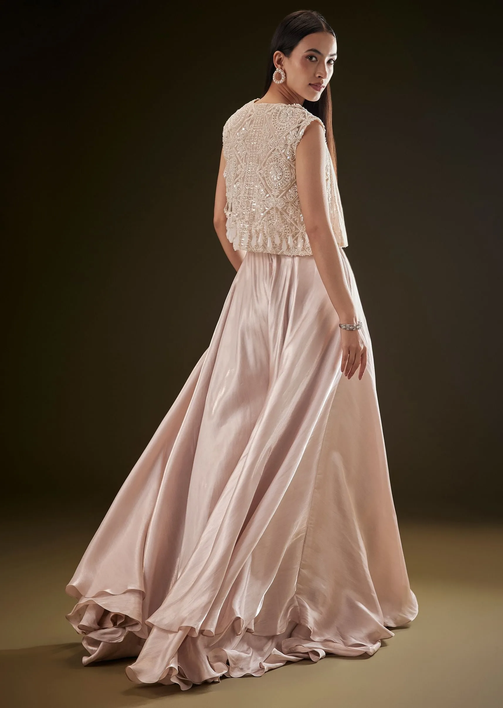Blushing Peach Organza Jumpsuit With Cutdana Jacket