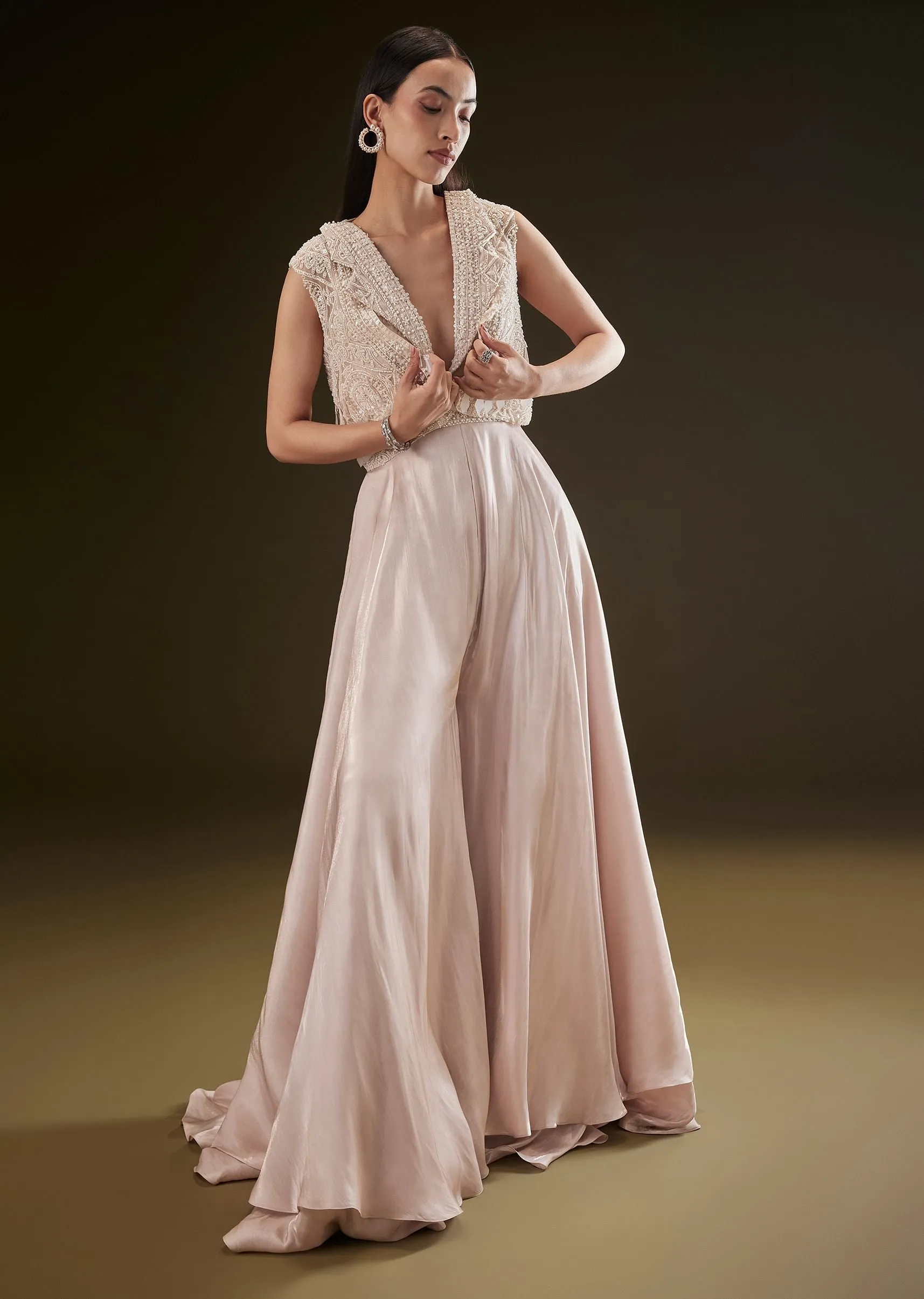 Blushing Peach Organza Jumpsuit With Cutdana Jacket