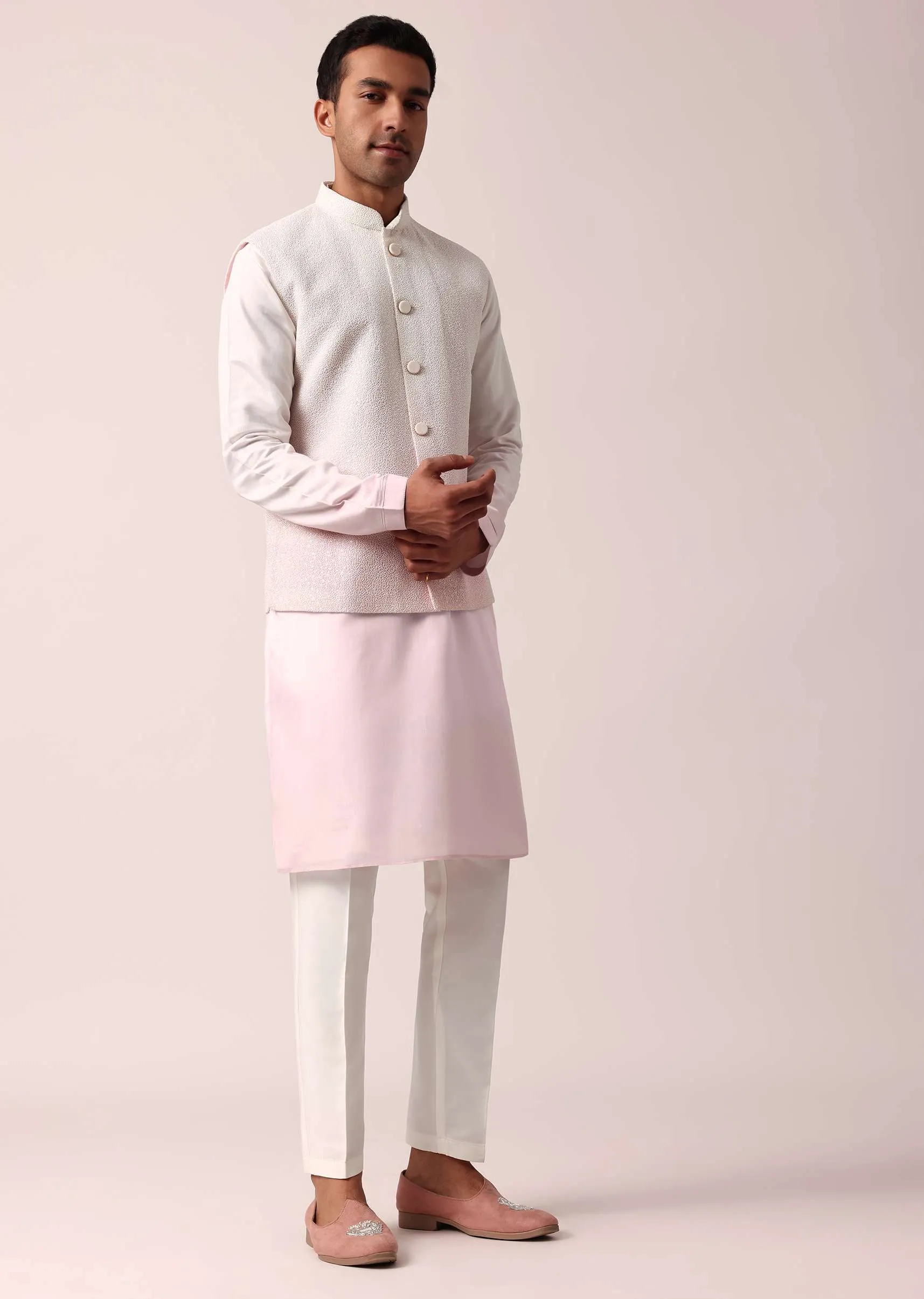 Elegant Pink Silk Jacket Kurta Set For Men