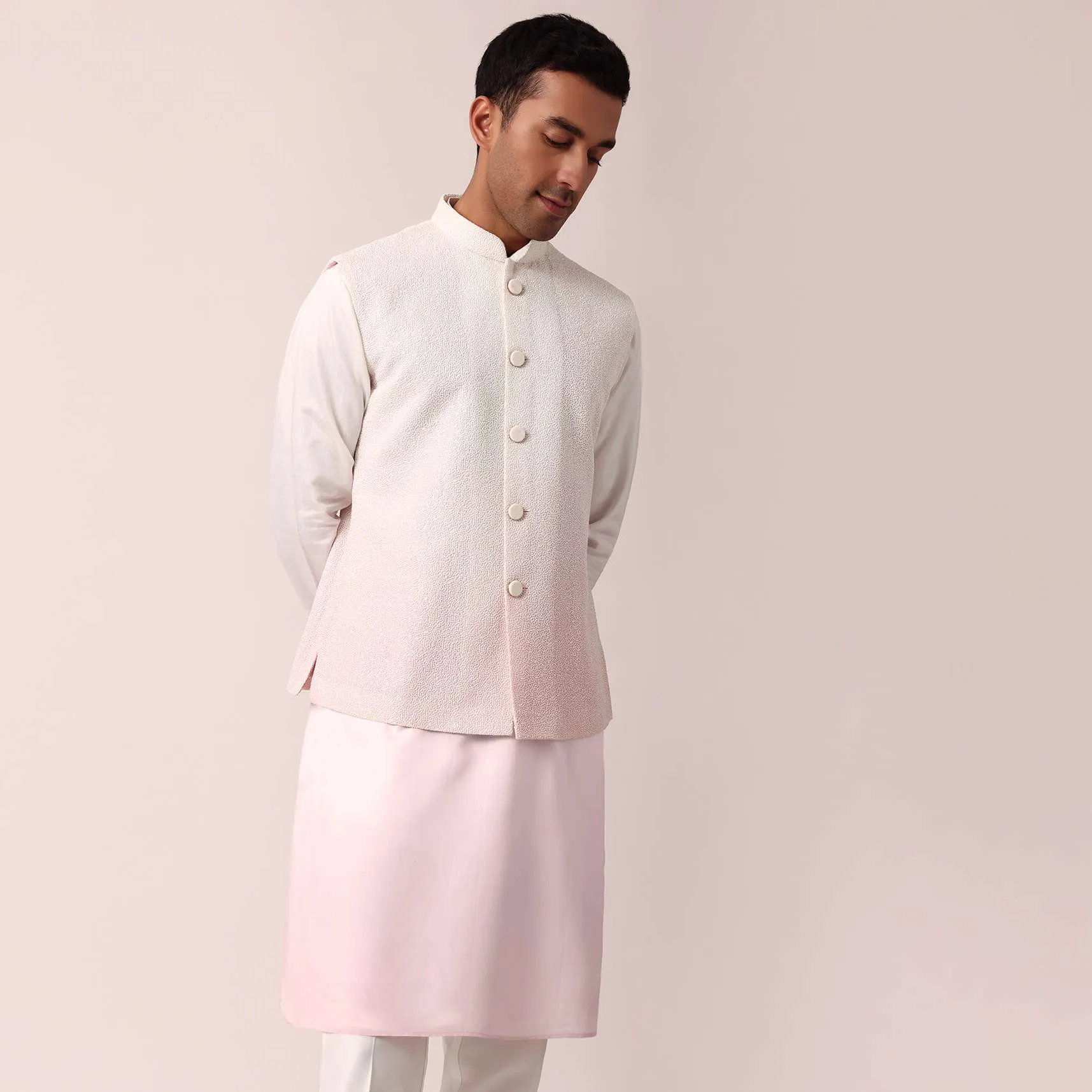 Elegant Pink Silk Jacket Kurta Set For Men