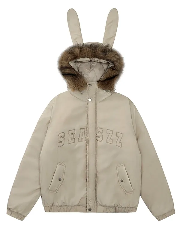 Grey/Apricot Letters Print Bunny Ears Hooded Thick Jacket Detachable Hood
