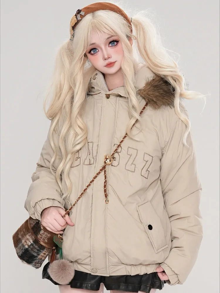 Grey/Apricot Letters Print Bunny Ears Hooded Thick Jacket Detachable Hood
