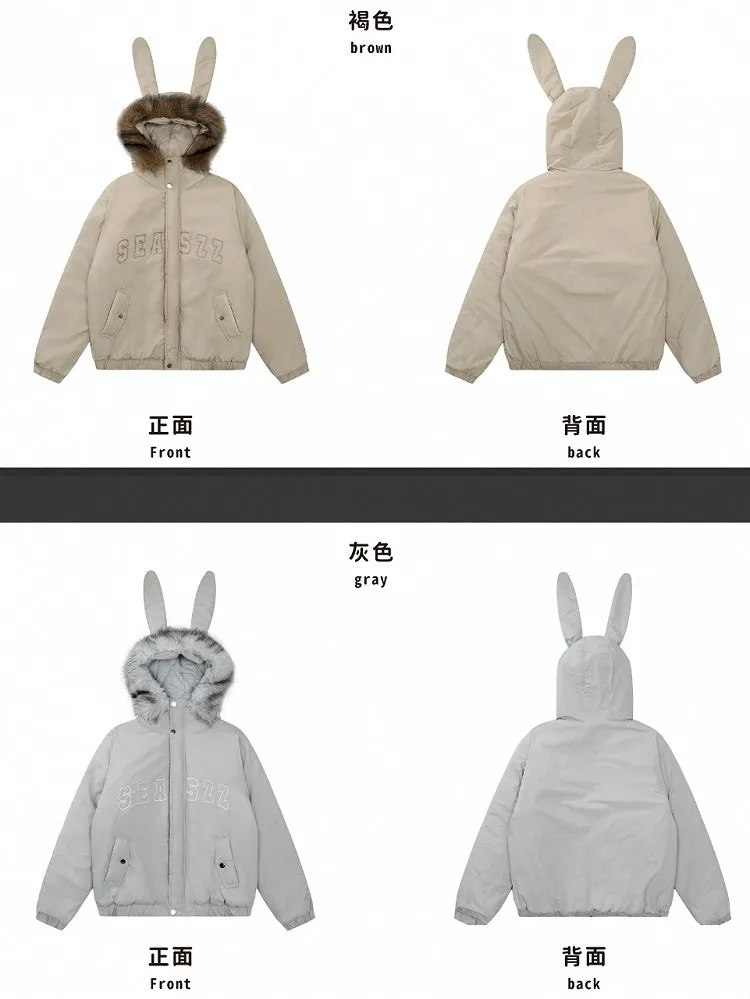 Grey/Apricot Letters Print Bunny Ears Hooded Thick Jacket Detachable Hood