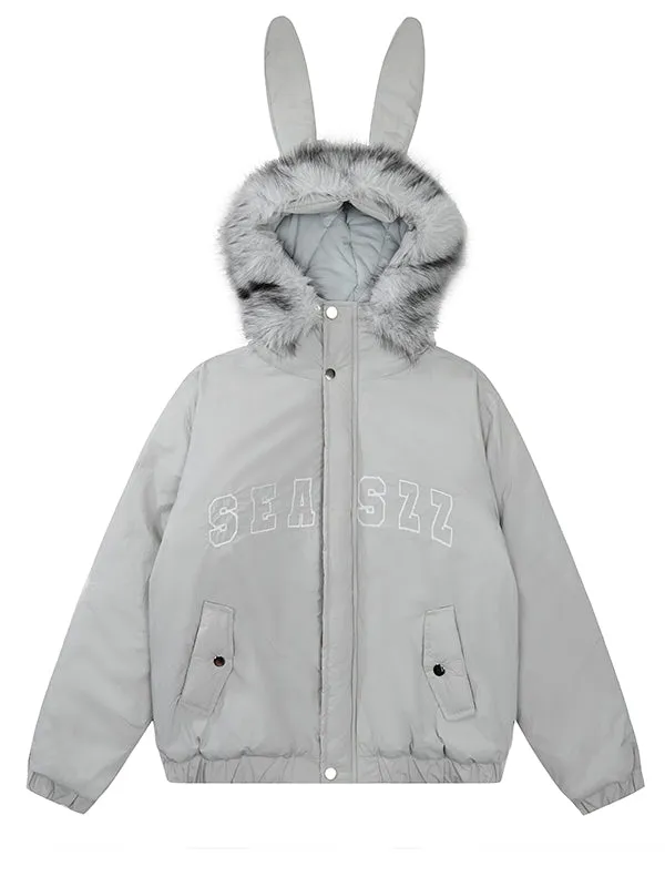 Grey/Apricot Letters Print Bunny Ears Hooded Thick Jacket Detachable Hood