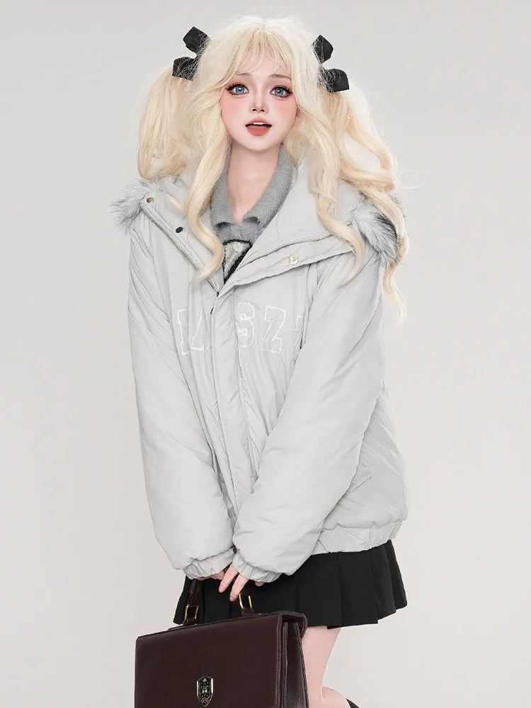 Grey/Apricot Letters Print Bunny Ears Hooded Thick Jacket Detachable Hood