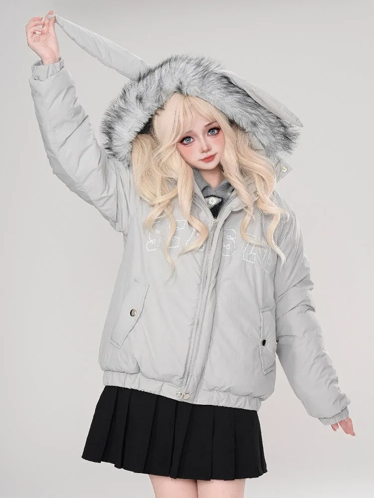 Grey/Apricot Letters Print Bunny Ears Hooded Thick Jacket Detachable Hood