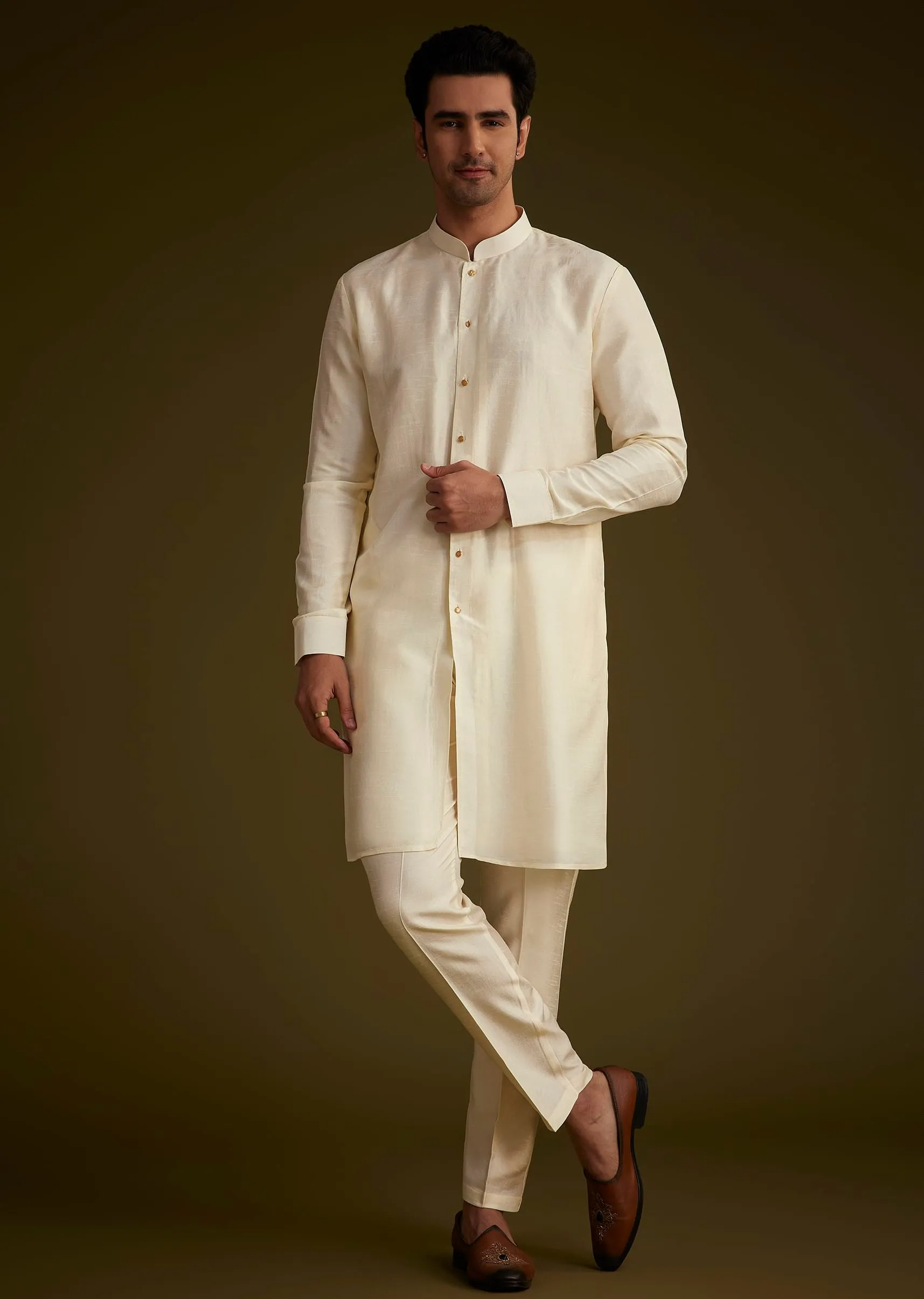 Ivory And Yellow Ombre Silk Jacket Set With Zari Work