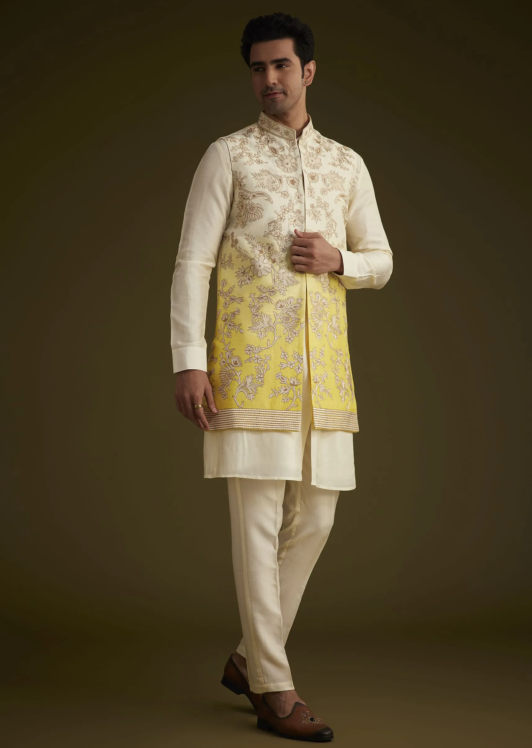 Ivory And Yellow Ombre Silk Jacket Set With Zari Work