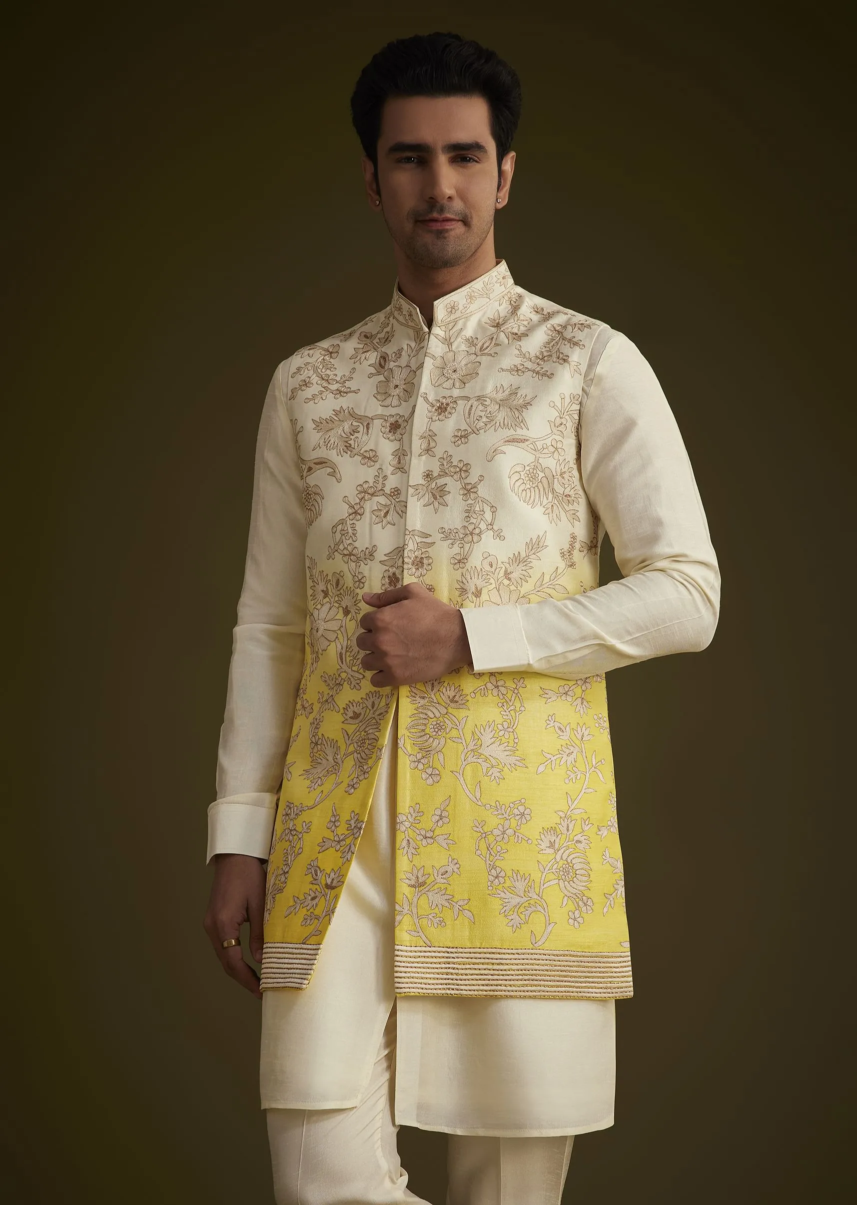 Ivory And Yellow Ombre Silk Jacket Set With Zari Work