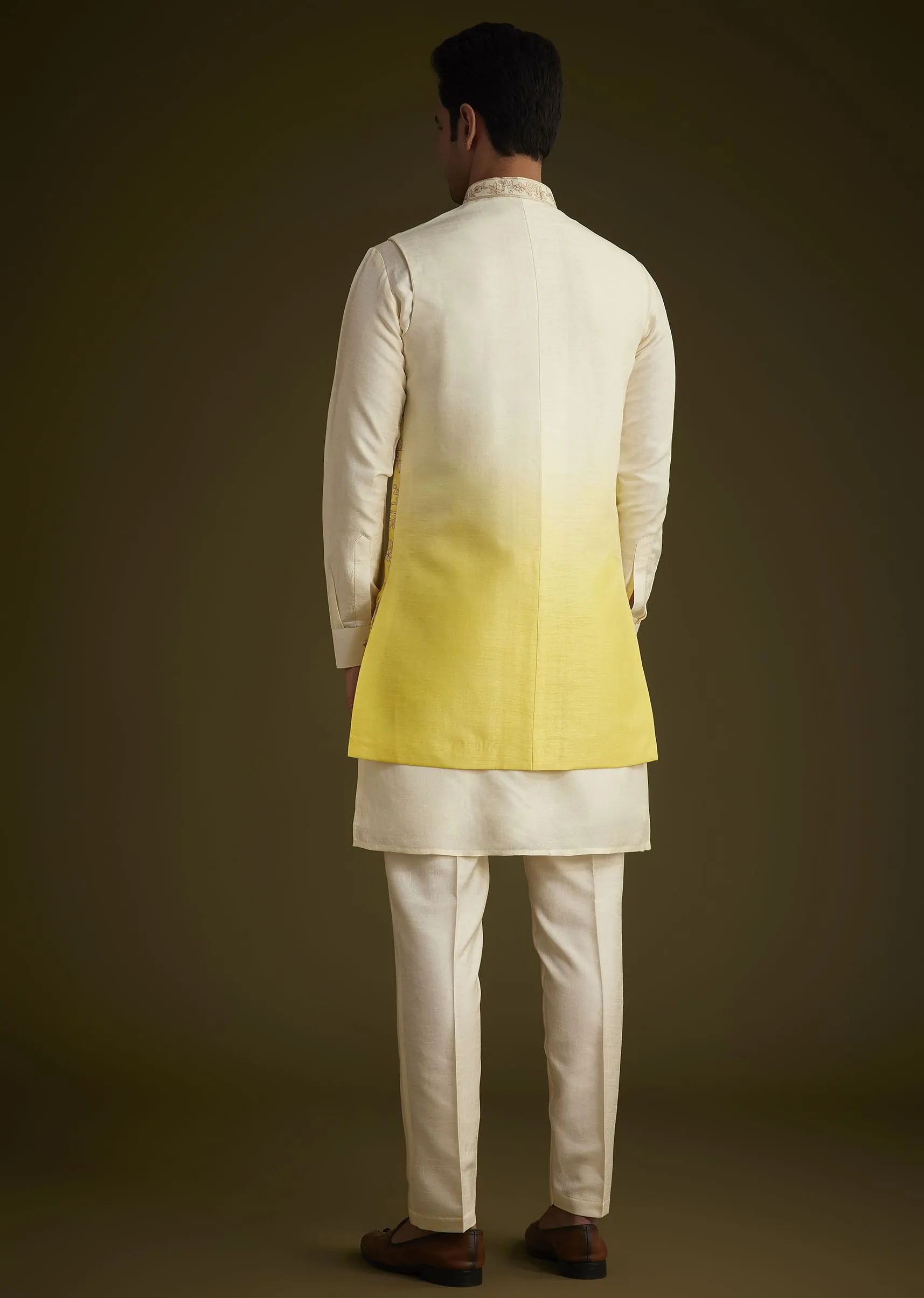 Ivory And Yellow Ombre Silk Jacket Set With Zari Work