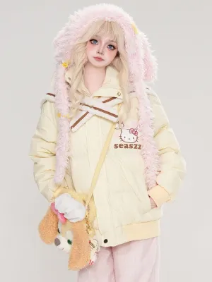 Light Yellow Kitty Print Detachable Sailor Collar Thick Jacket