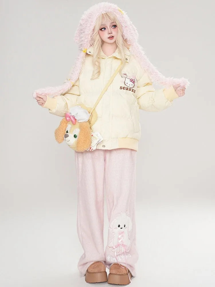 Light Yellow Kitty Print Detachable Sailor Collar Thick Jacket