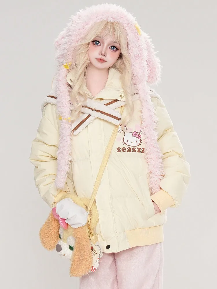 Light Yellow Kitty Print Detachable Sailor Collar Thick Jacket