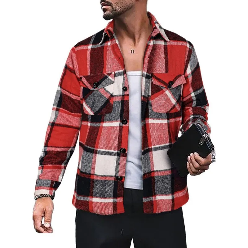 Men's Plaid Shirt Long Sleeve Button Down Casual Jacket