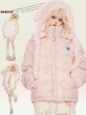 Milk White/Pink Stars and Bows Hooded Thick Jacket