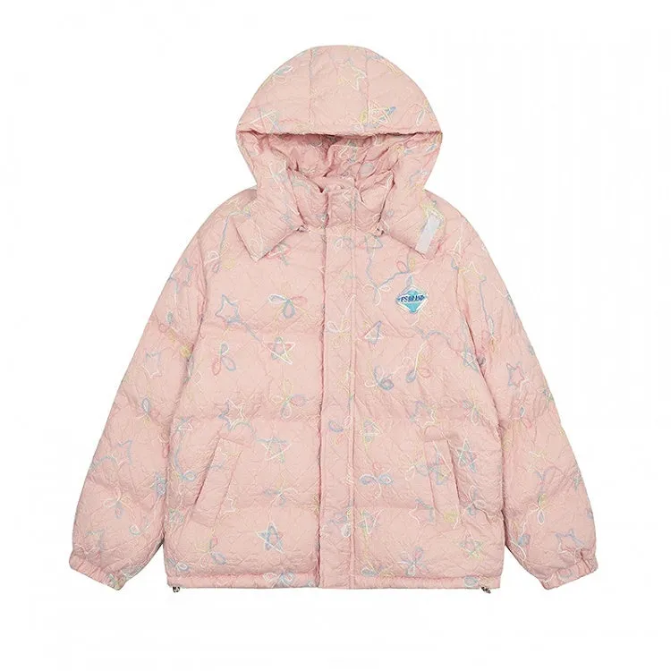 Milk White/Pink Stars and Bows Hooded Thick Jacket