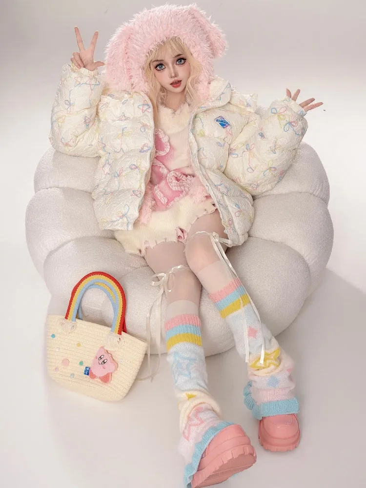 Milk White/Pink Stars and Bows Hooded Thick Jacket