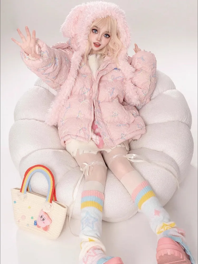 Milk White/Pink Stars and Bows Hooded Thick Jacket