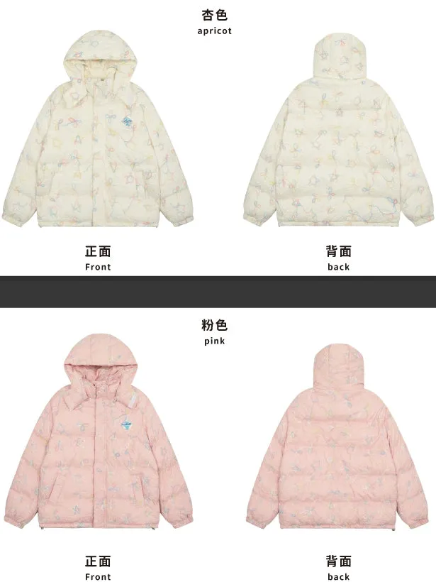 Milk White/Pink Stars and Bows Hooded Thick Jacket