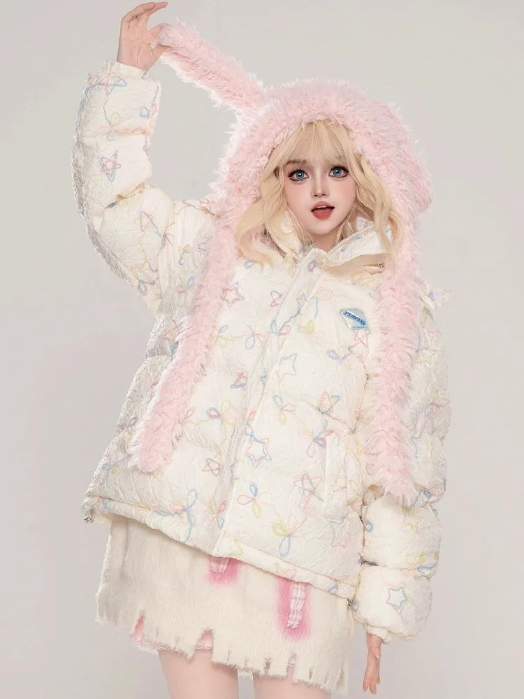 Milk White/Pink Stars and Bows Hooded Thick Jacket