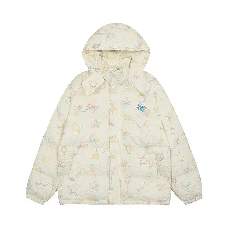Milk White/Pink Stars and Bows Hooded Thick Jacket