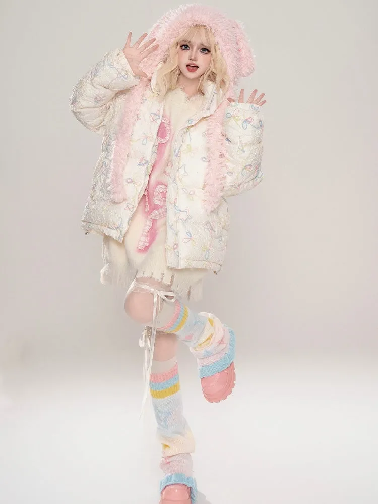 Milk White/Pink Stars and Bows Hooded Thick Jacket
