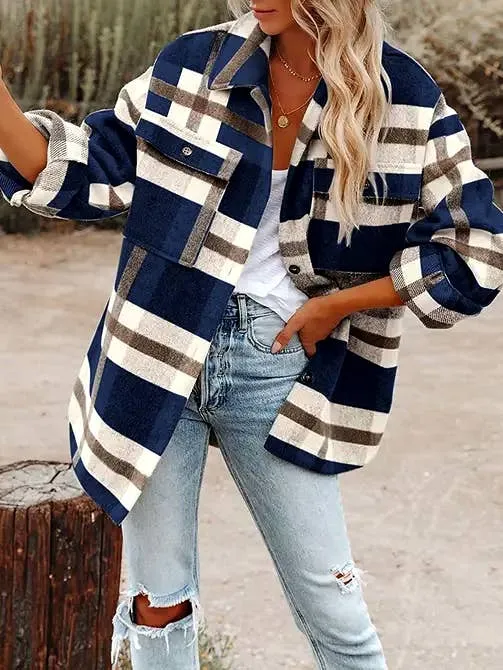 Navy Plaid  Flannel Shirt Jacket