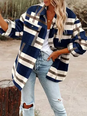 Navy Plaid  Flannel Shirt Jacket